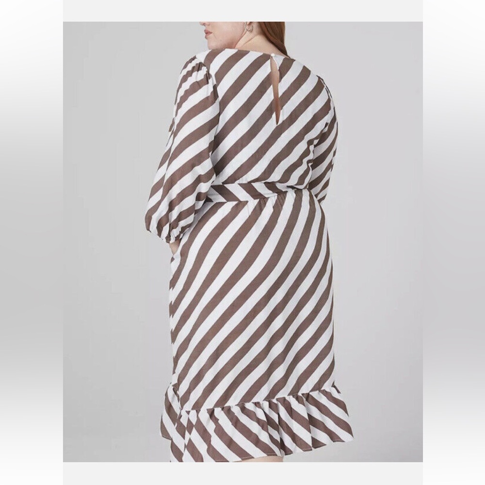 NEW**LANE BRYANT, POCKETS, LONG SLEEVE, LINED BROWN STRIP MIDI DRESS, - Picture 2 of 11